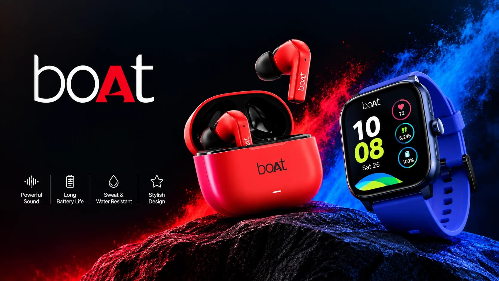 Wireless earbuds and a smartwatch in bold colours on a dark background, illustrating the boAt marketing strategy