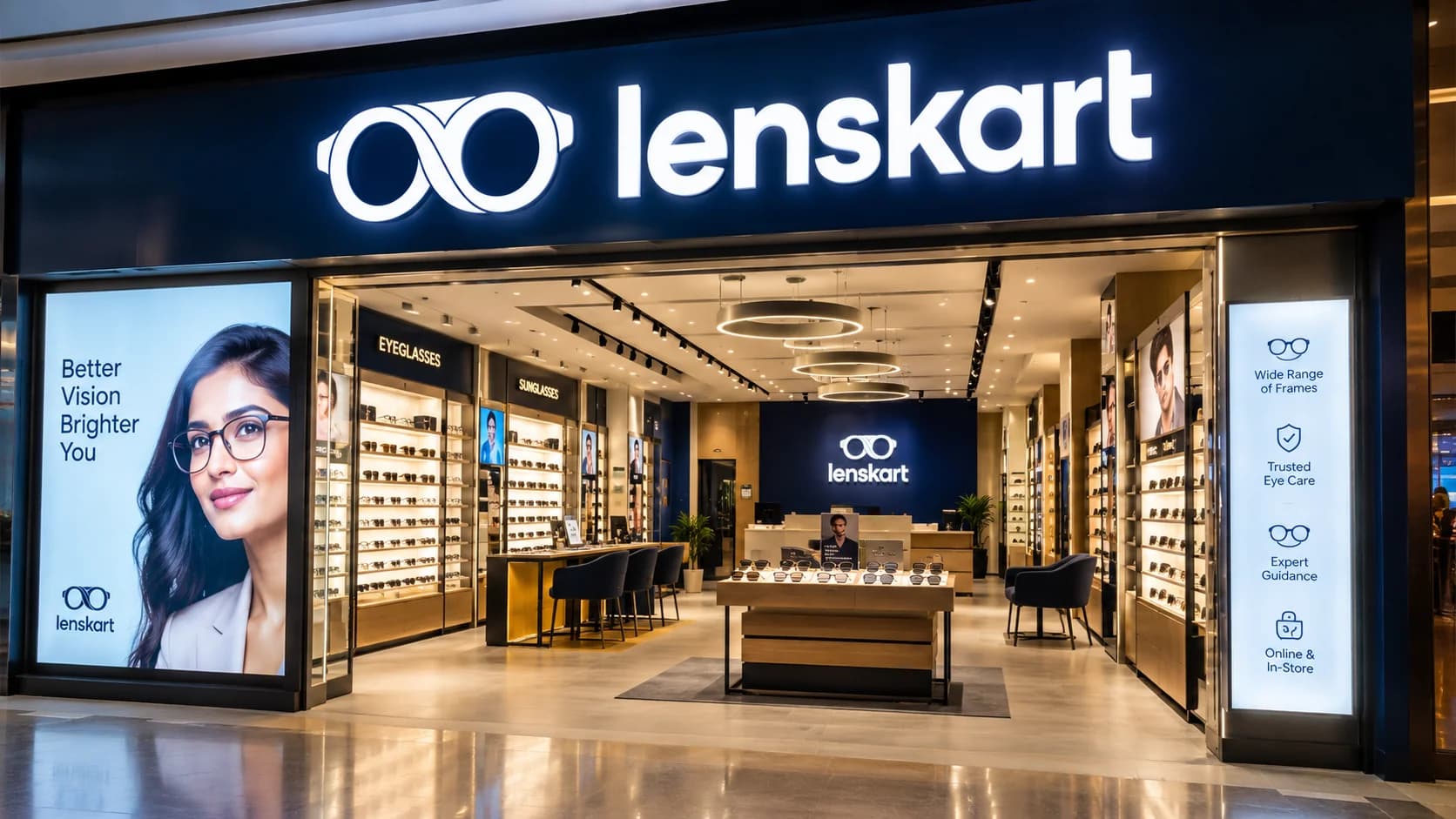 Lenskart storefront with illuminated signage, illustrating the Lenskart marketing strategy built on retail presence