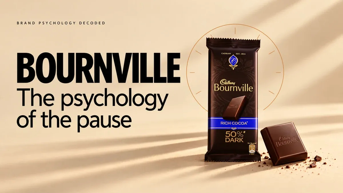 Cadbury Bournville Rich Cocoa 50% Dark pack on a warmly lit surface with long shadows, beside the headline The psychology of the pause.