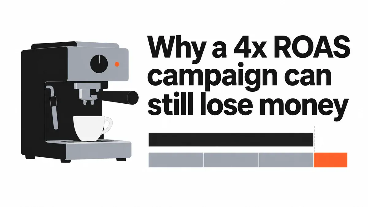 Coffee machine beside revenue and cost bars, with the title “Why a 4x ROAS campaign can still lose money”.