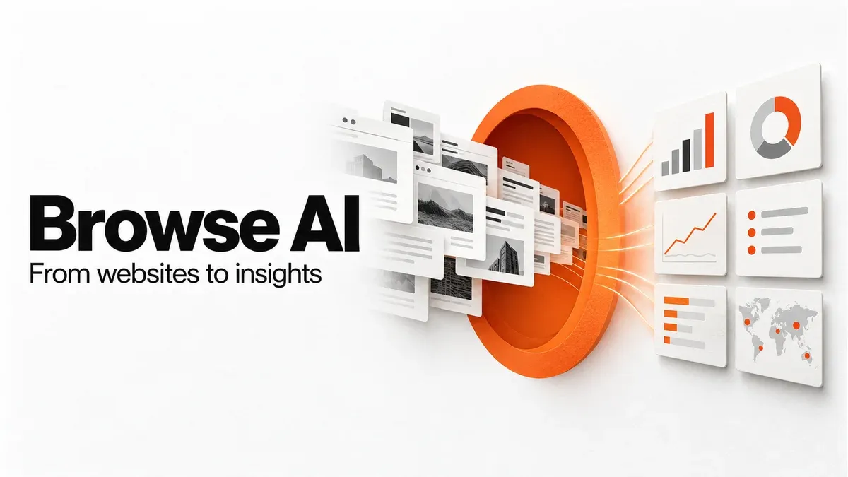 Browse AI headline beside website cards passing through an orange opening into structured data.