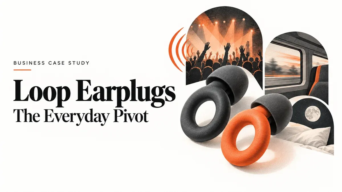 Conceptual ring-shaped earplugs beside concert, commuting and sleep scenes, with the title Loop Earplugs: The Everyday Pivot.
