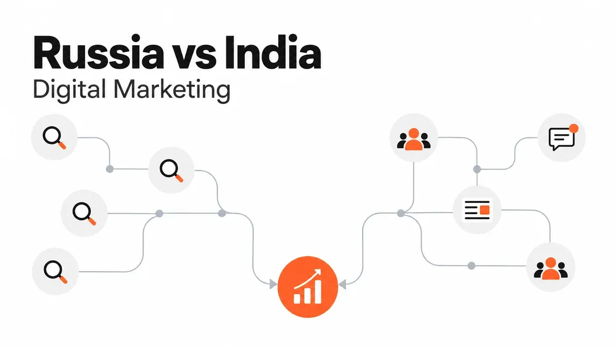 Two advertising networks converge on a shared growth symbol beneath the title Russia vs India: Digital Marketing.
