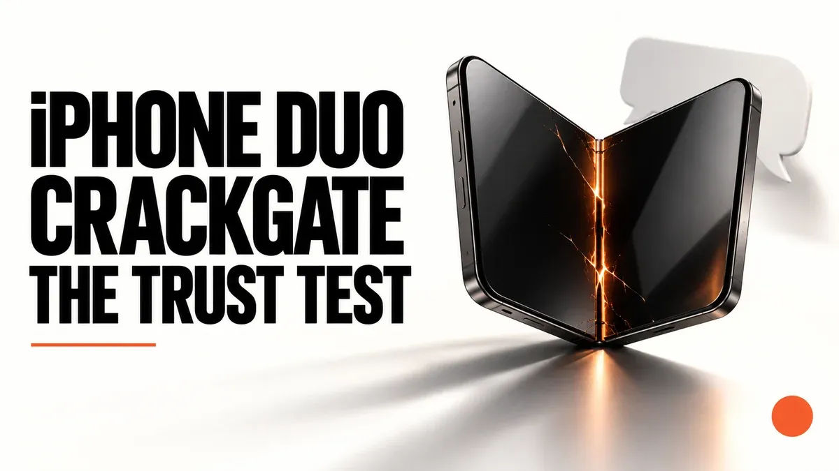 Conceptual folding phone with an orange fracture beside the headline iPhone Duo Crackgate: The Trust Test.