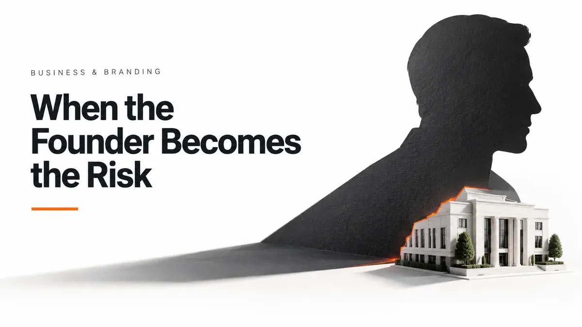Conceptual illustration of a founder’s silhouette casting a shadow over a company building.