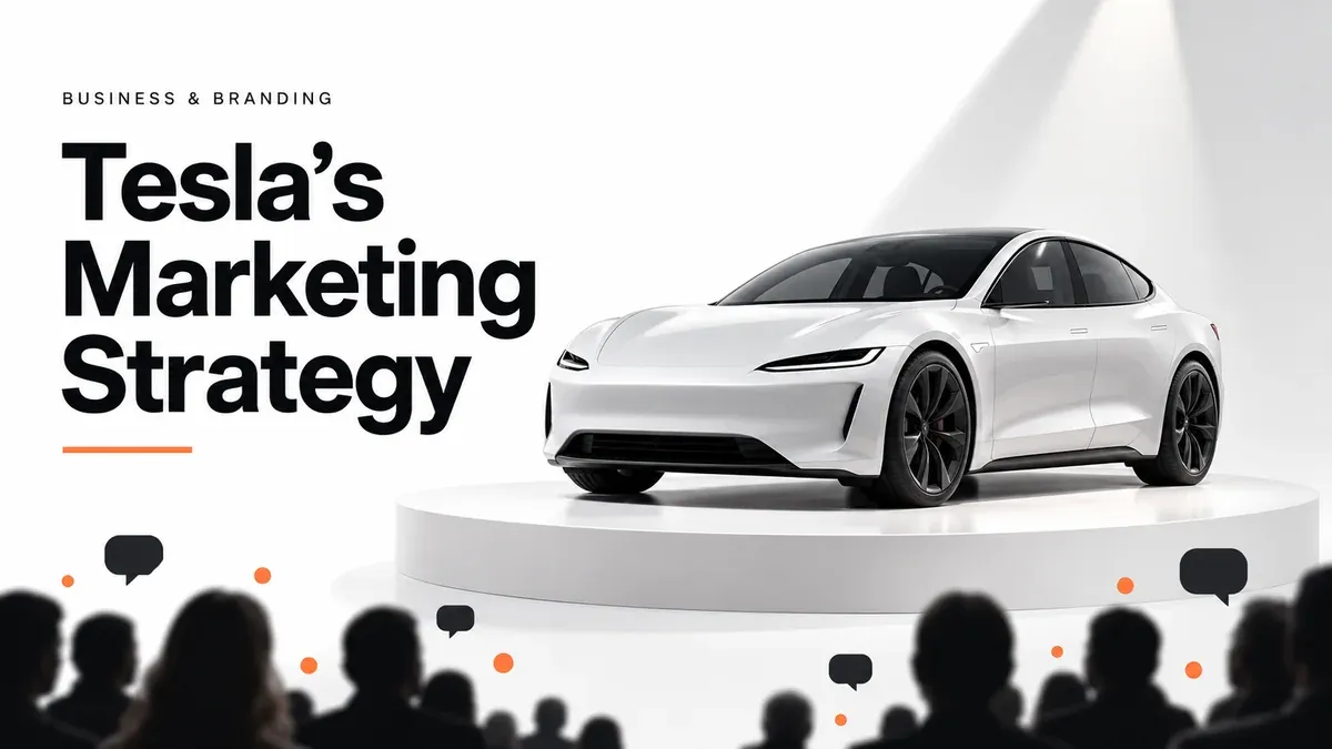 Conceptual illustration of an electric car on a presentation stage beside the title Tesla’s Marketing Strategy.
