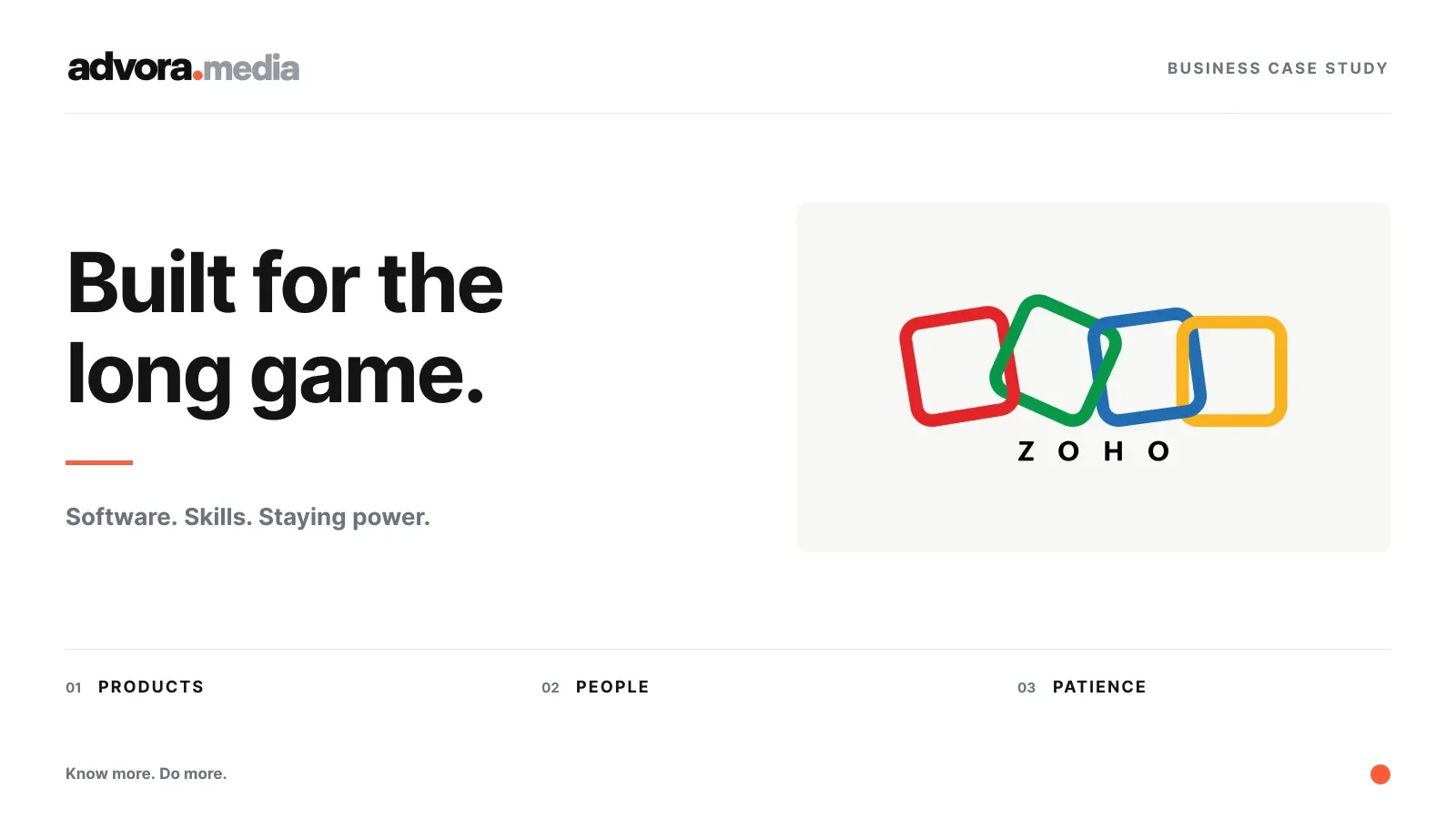 Official multicoloured Zoho logo beside Built for the long game, with products, people and patience below.