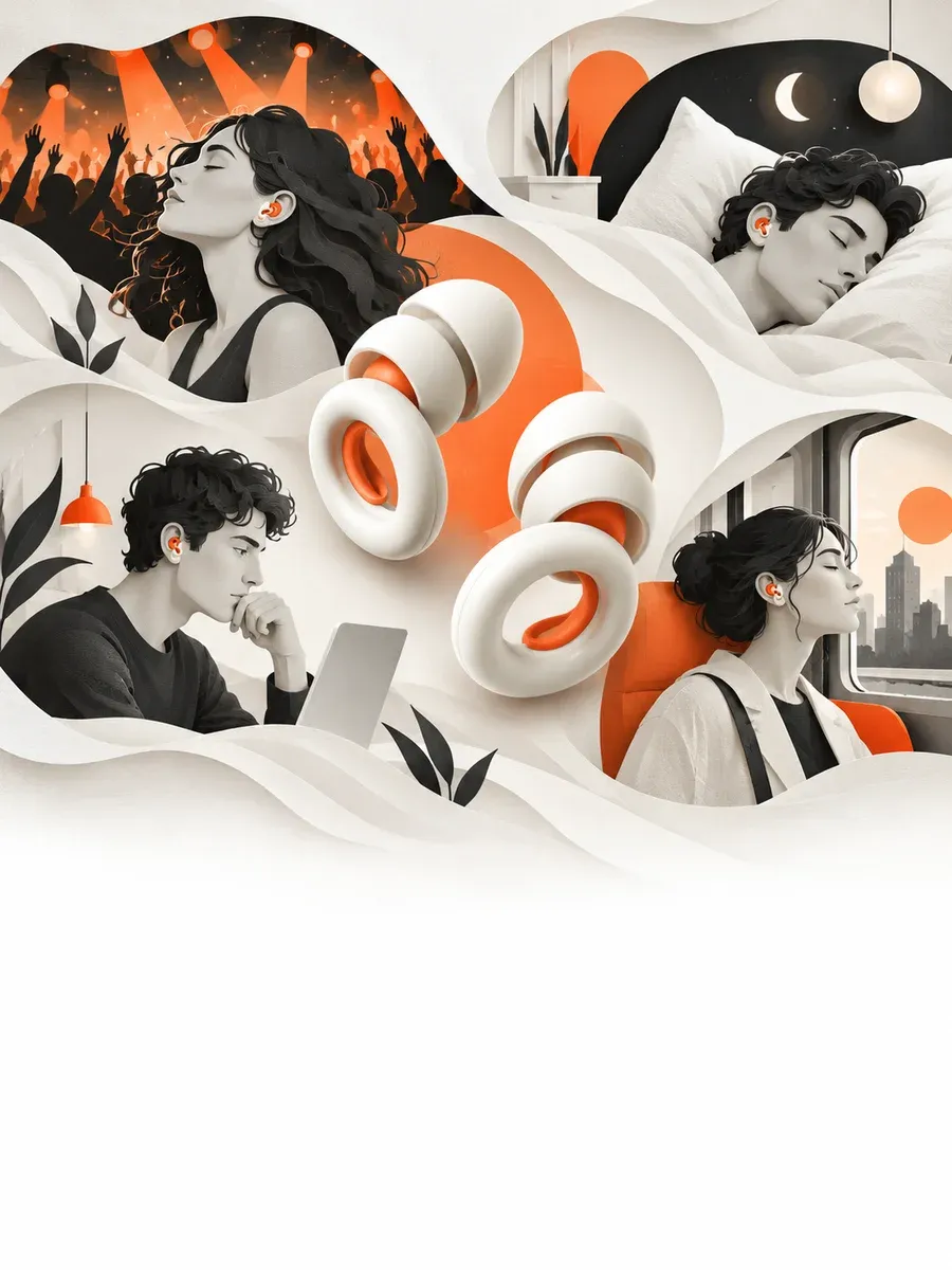 Editorial illustration of ring-shaped earplugs with symbols for music, sleep, focus and commuting.