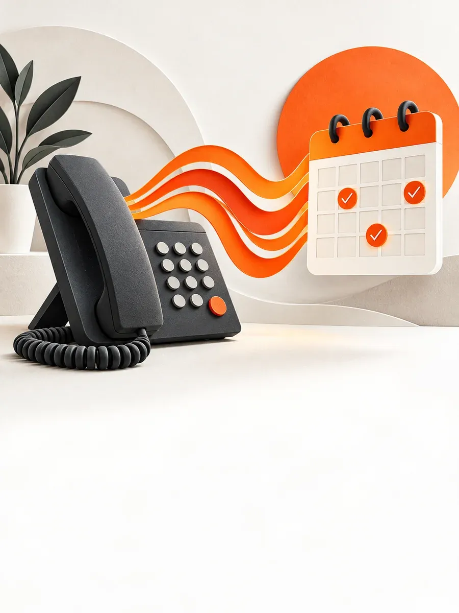 Editorial illustration of a desk phone, sound waves and an appointment calendar.