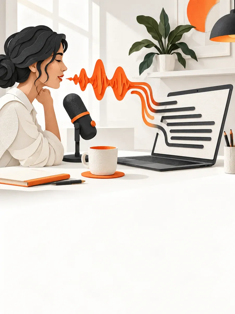 Editorial illustration of a speech waveform becoming orderly text lines beside a laptop and microphone.