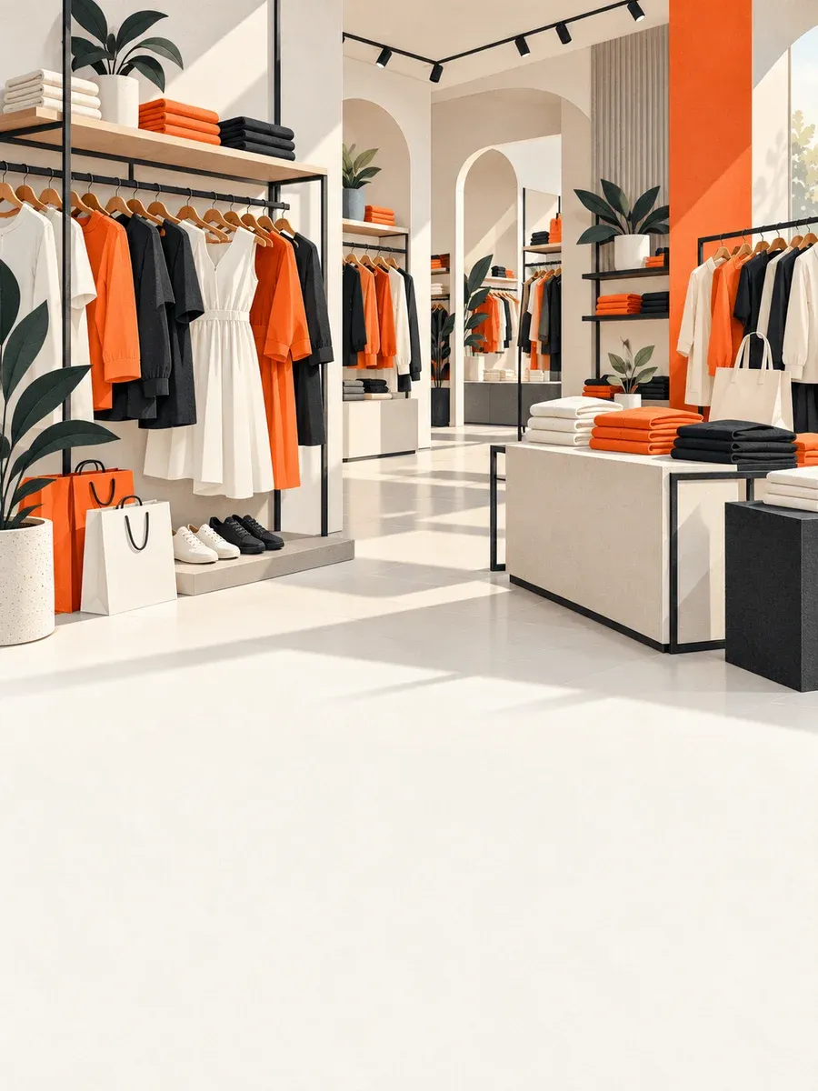 Editorial illustration of clothing rails, folded garments and shopping bags in a fashion store.